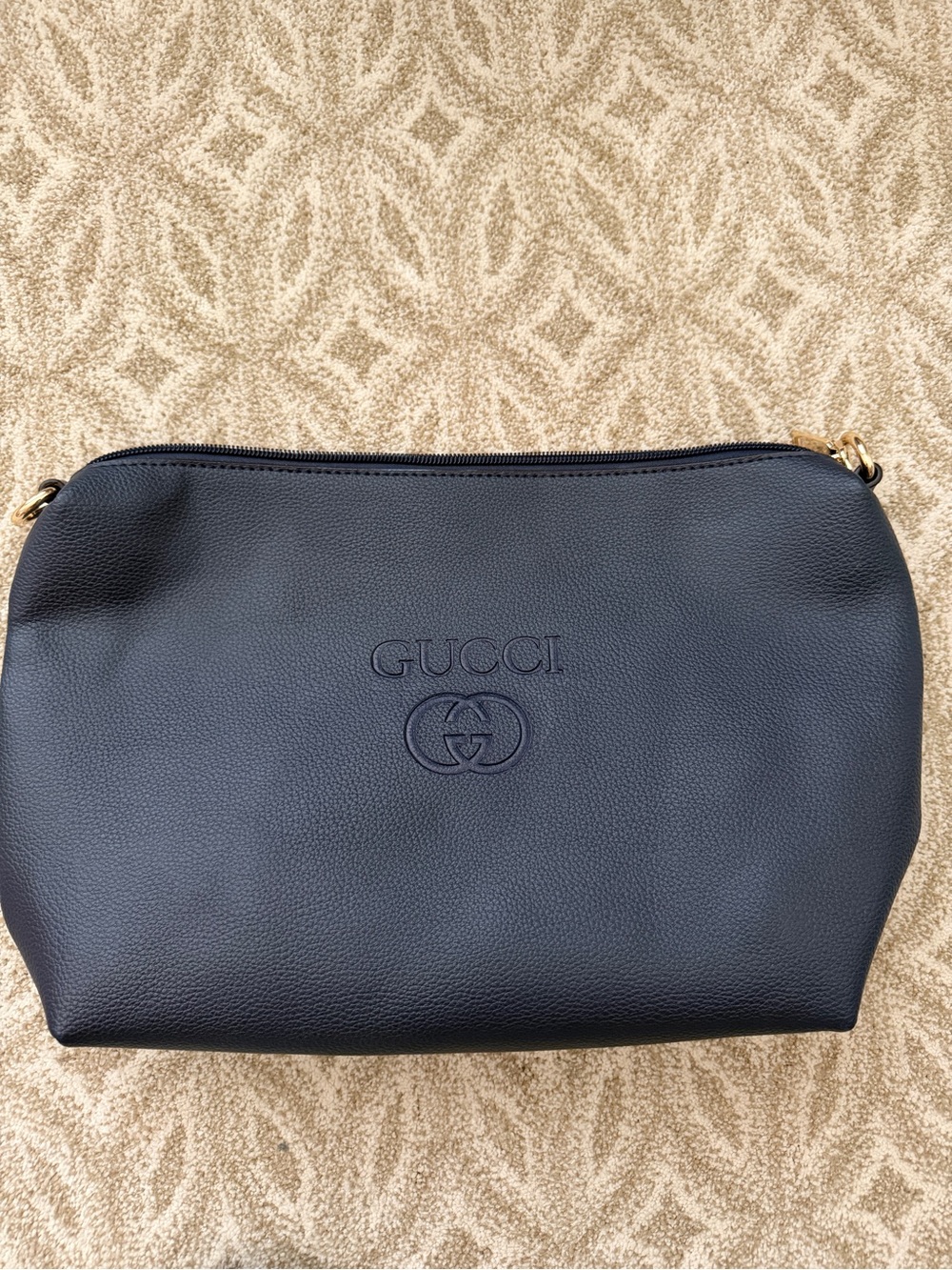 Navy Blue Leather Logo Cosmetic Pouch